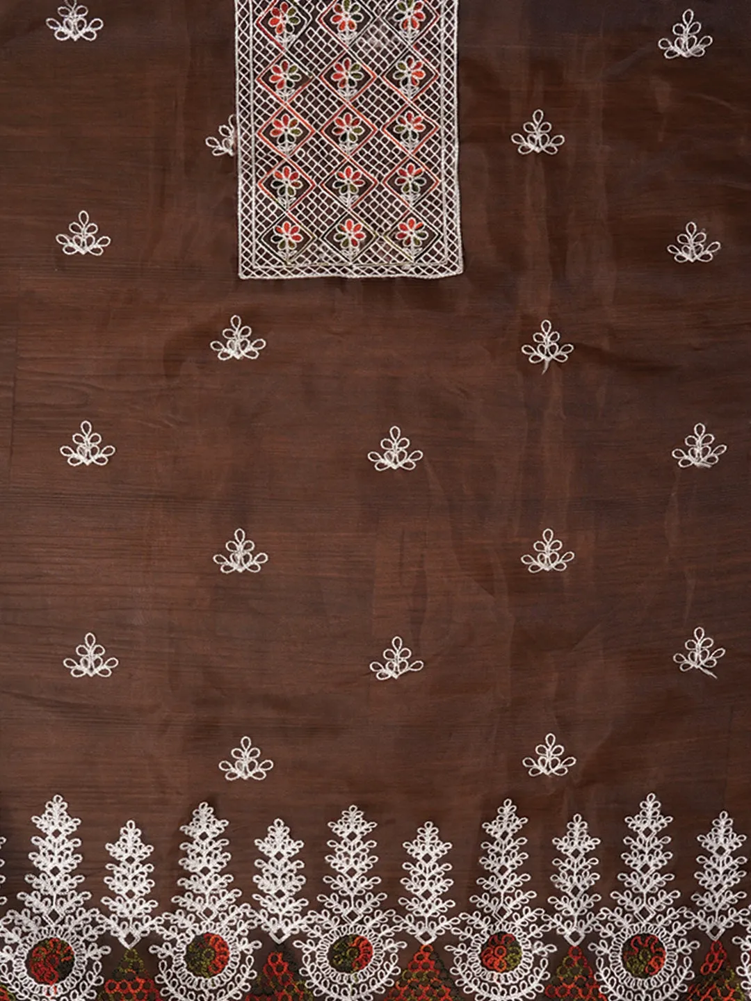 Brown Zari Embroidered Organza Dress Material with Dupatta
