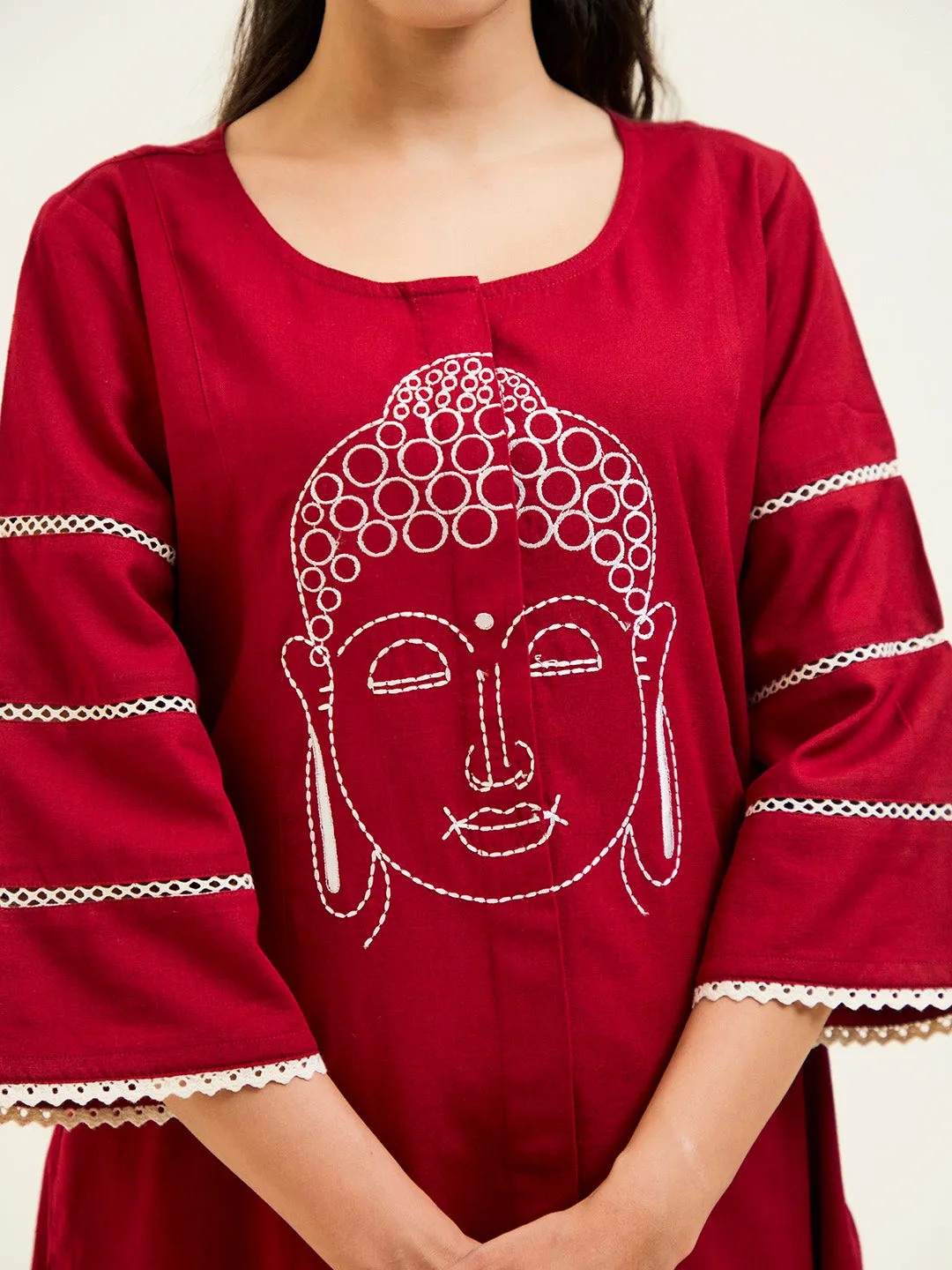 Buddha Embroidered Maroon Co-ord Set