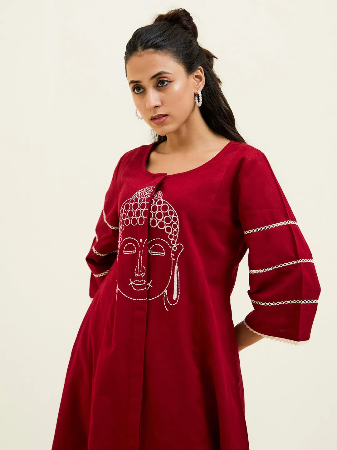 Buddha Embroidered Maroon Co-ord Set
