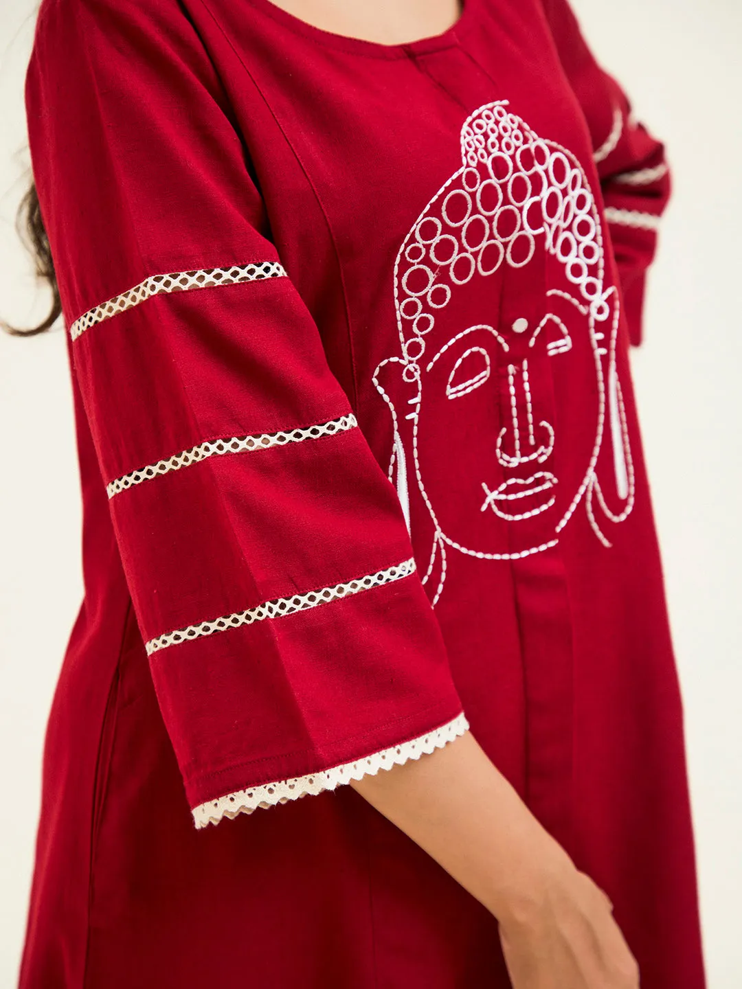 Buddha Embroidered Maroon Co-ord Set