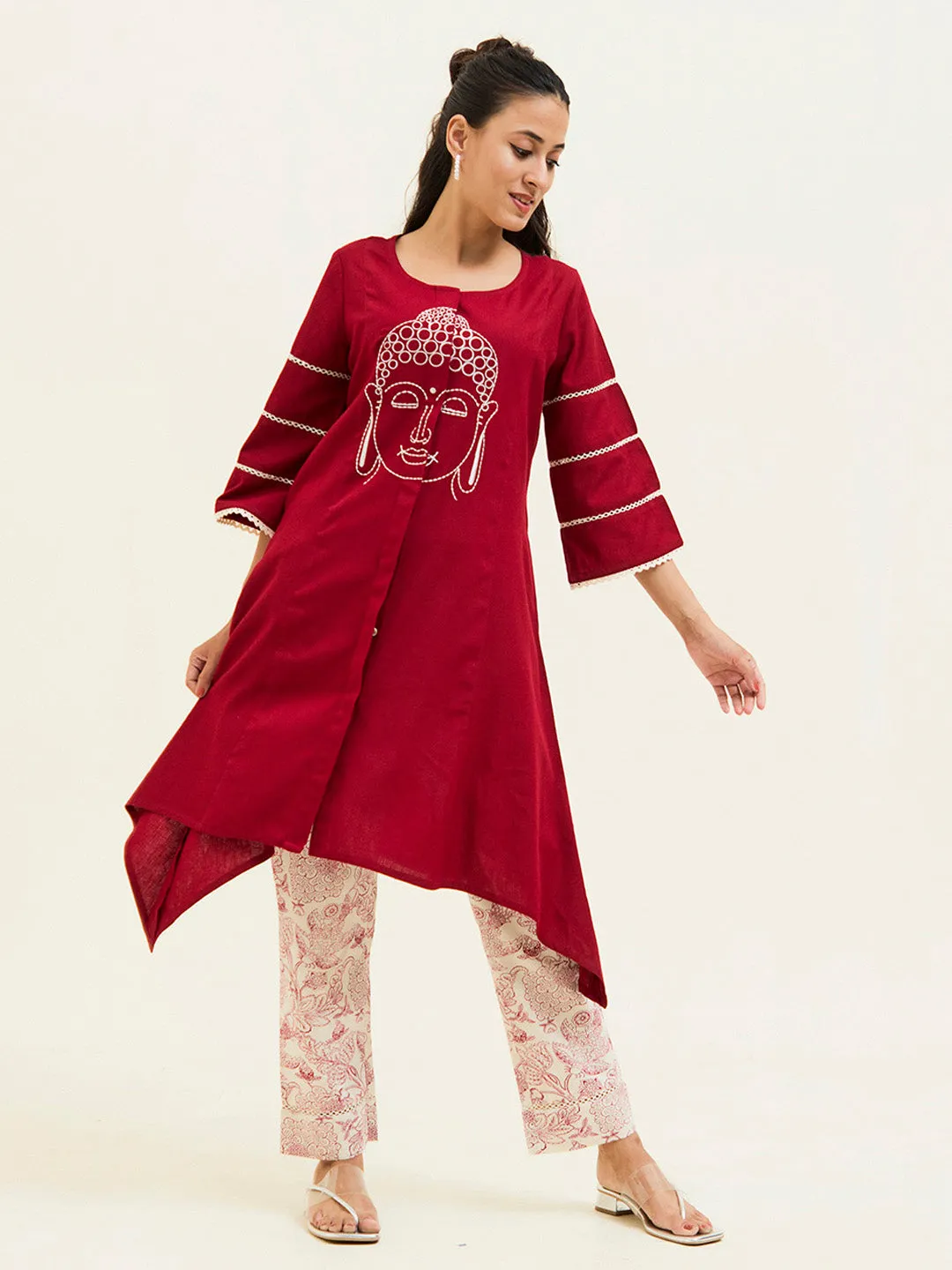 Buddha Embroidered Maroon Co-ord Set