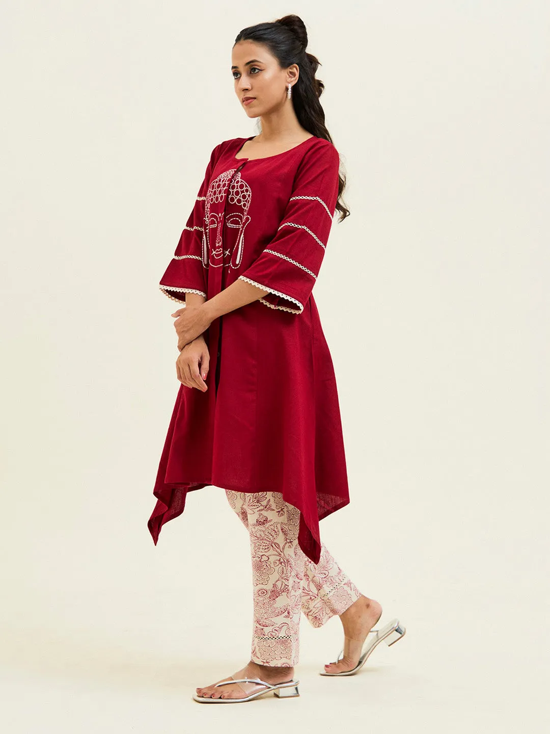 Buddha Embroidered Maroon Co-ord Set