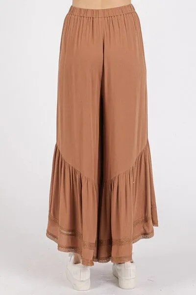 Caramel Color Lace Ruffle Asymmetric Hem Wide Leg Pants