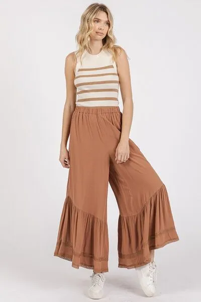 Caramel Color Lace Ruffle Asymmetric Hem Wide Leg Pants