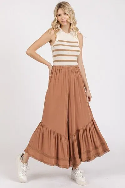 Caramel Color Lace Ruffle Asymmetric Hem Wide Leg Pants