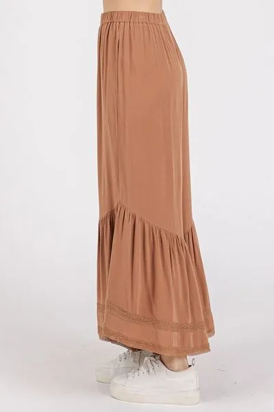 Caramel Color Lace Ruffle Asymmetric Hem Wide Leg Pants