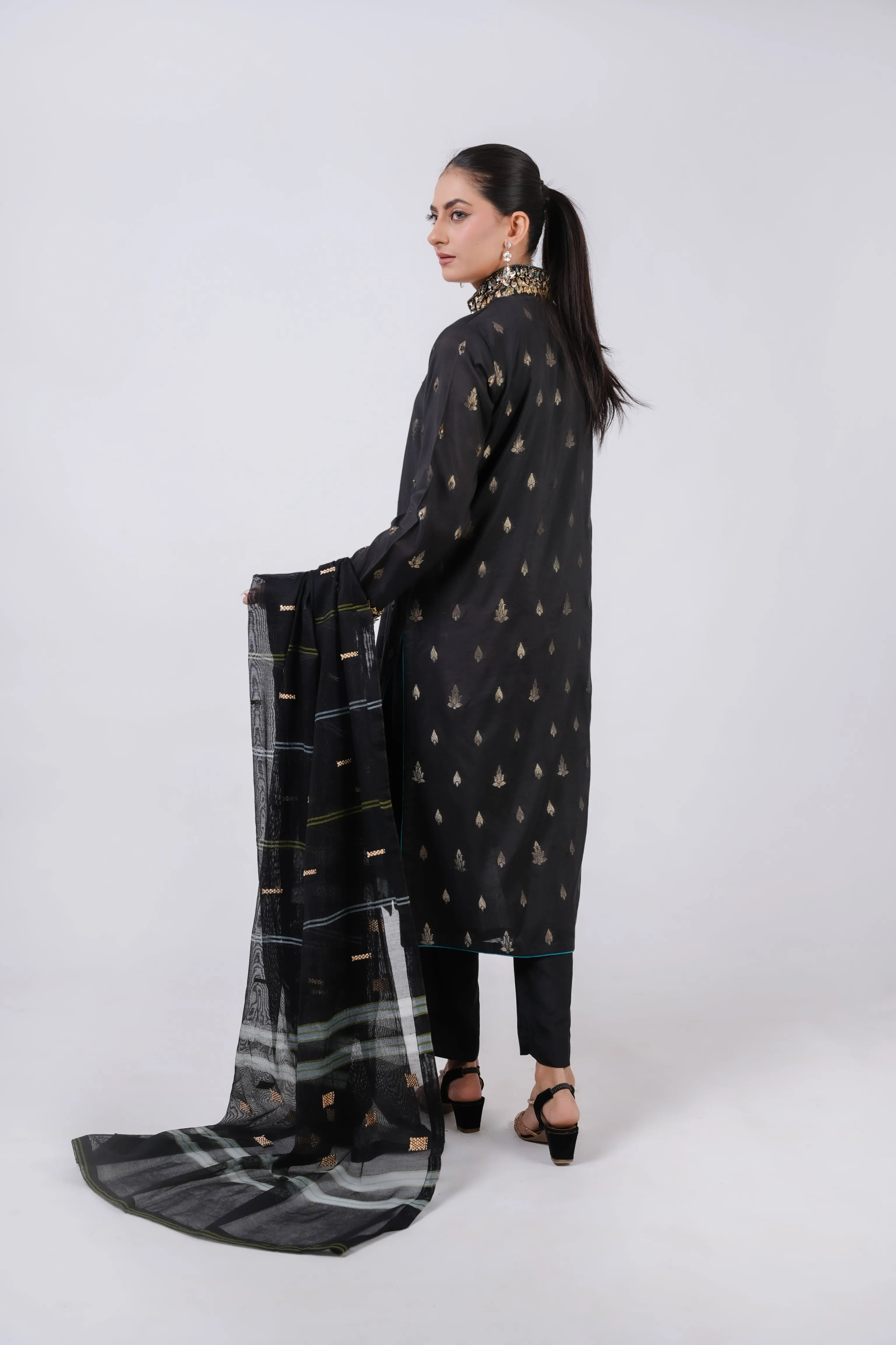 Classic Black Embroidered stitched 3-piece
