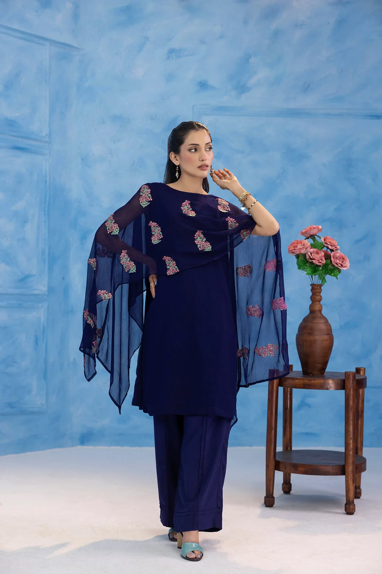 Classic Navy Blue Embroidered stitched