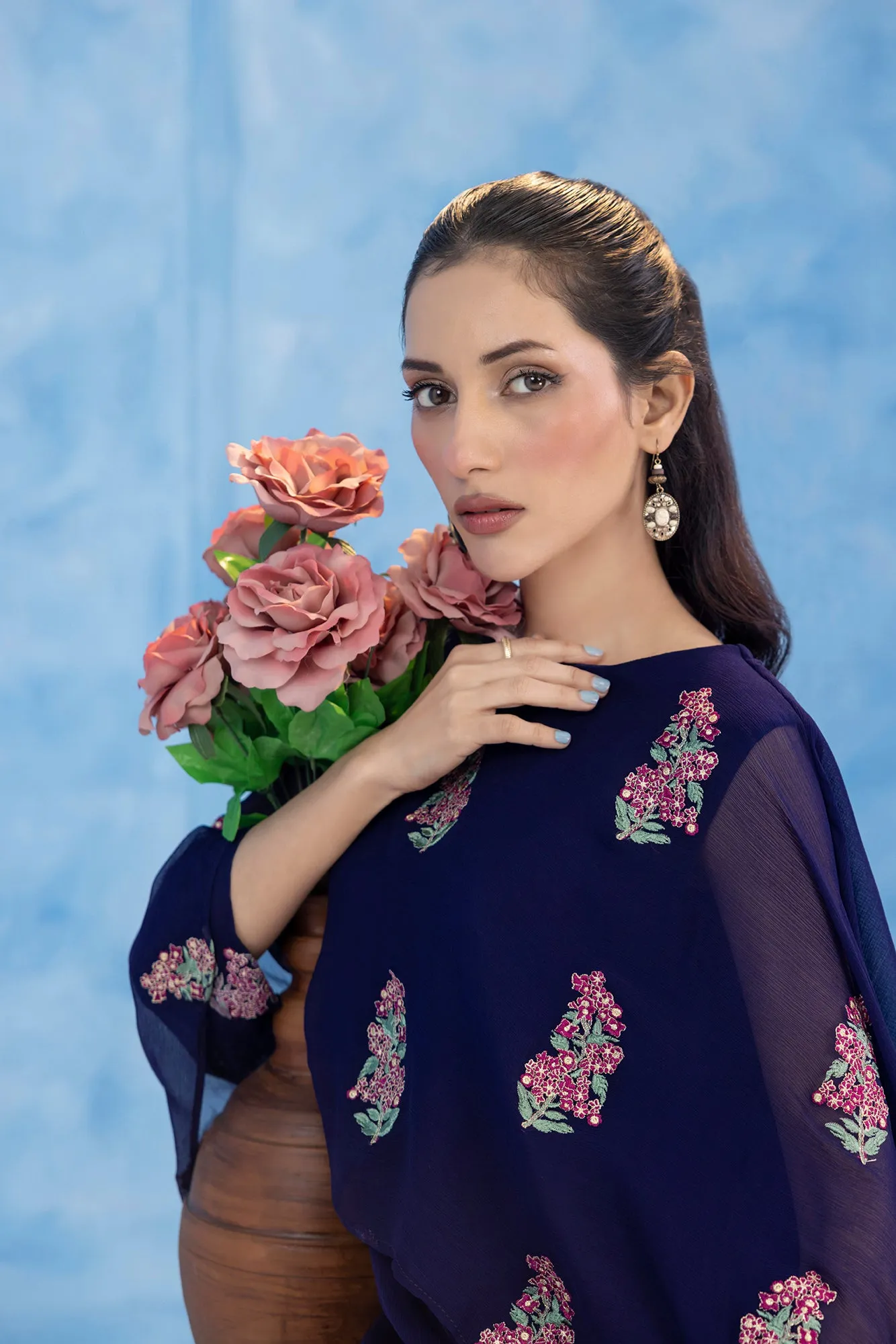 Classic Navy Blue Embroidered stitched