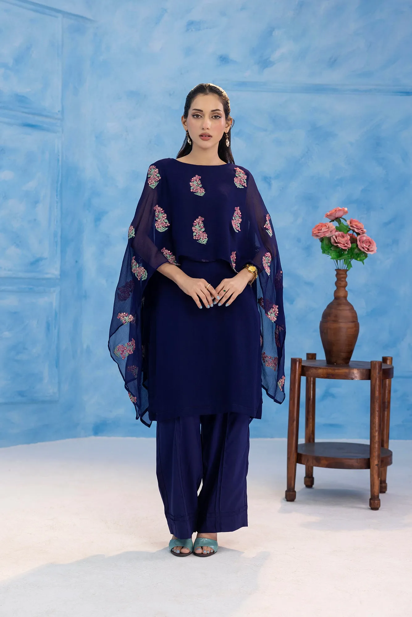 Classic Navy Blue Embroidered stitched