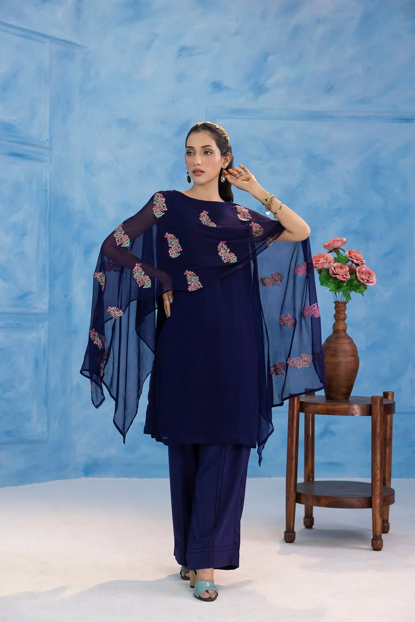 Classic Navy Blue Embroidered stitched