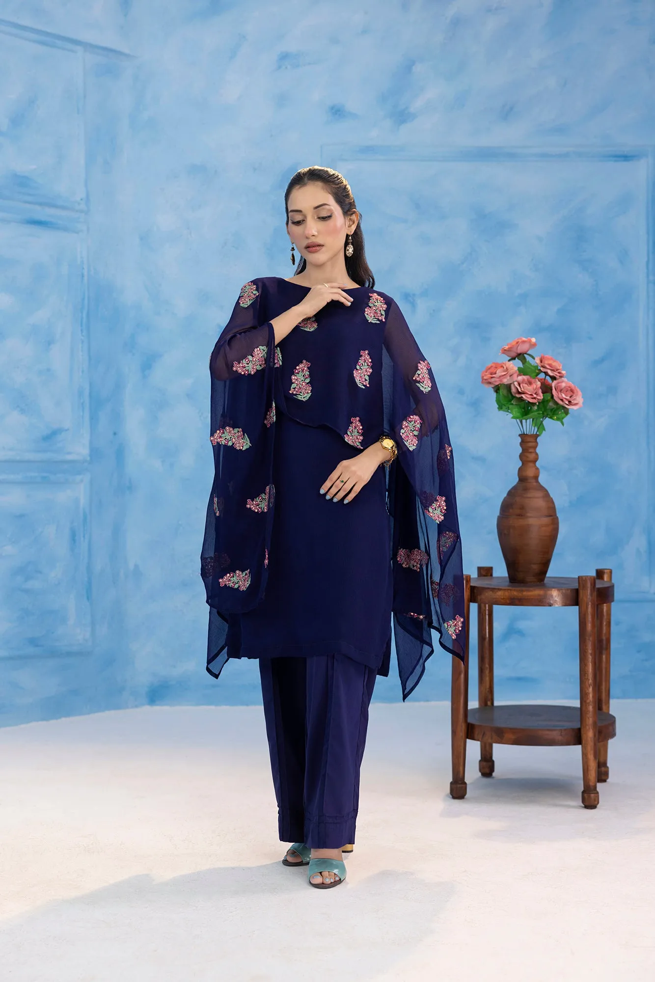 Classic Navy Blue Embroidered stitched