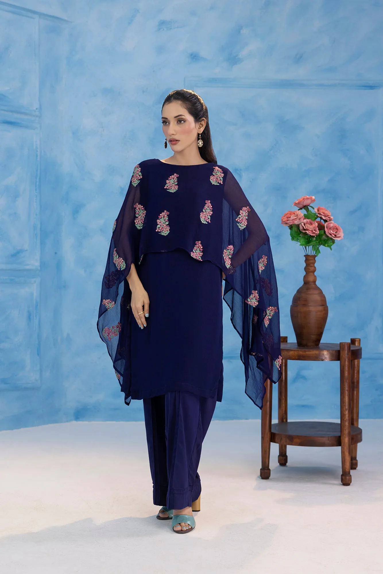 Classic Navy Blue Embroidered stitched