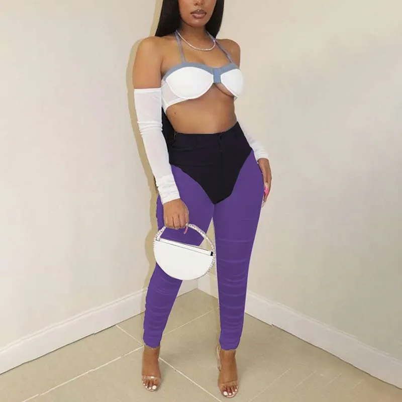 Colorblock High Waist Sheer Mesh Patchwork Pants