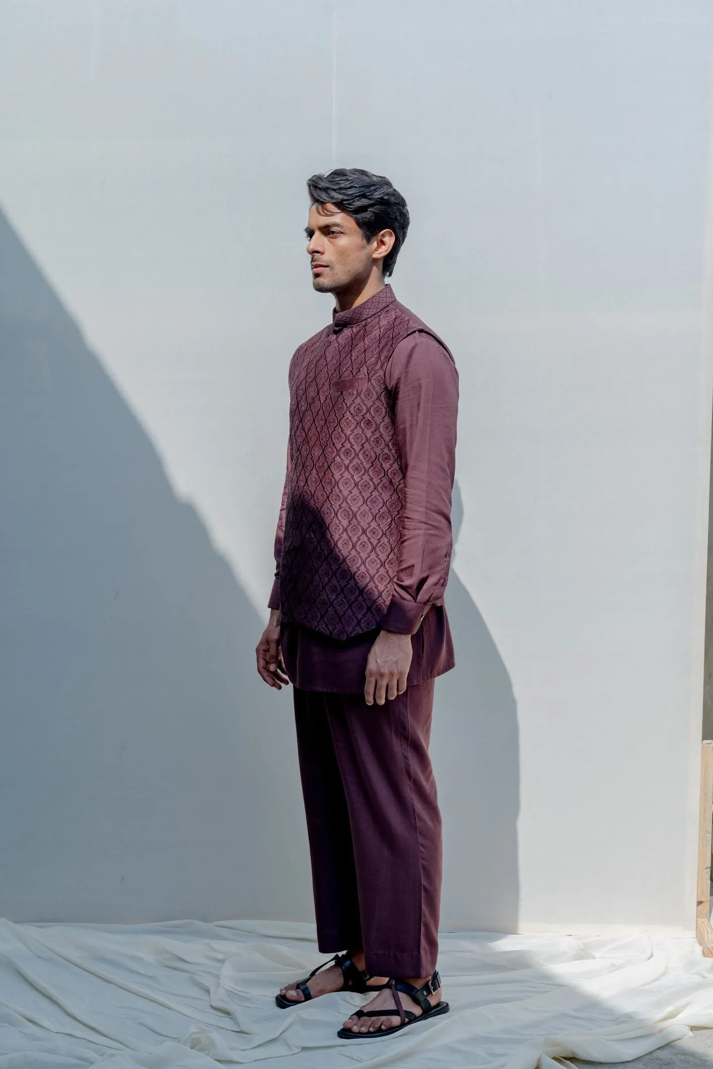 Compendium- Brown Overlapped Embroidered Jacket with Kurta Set