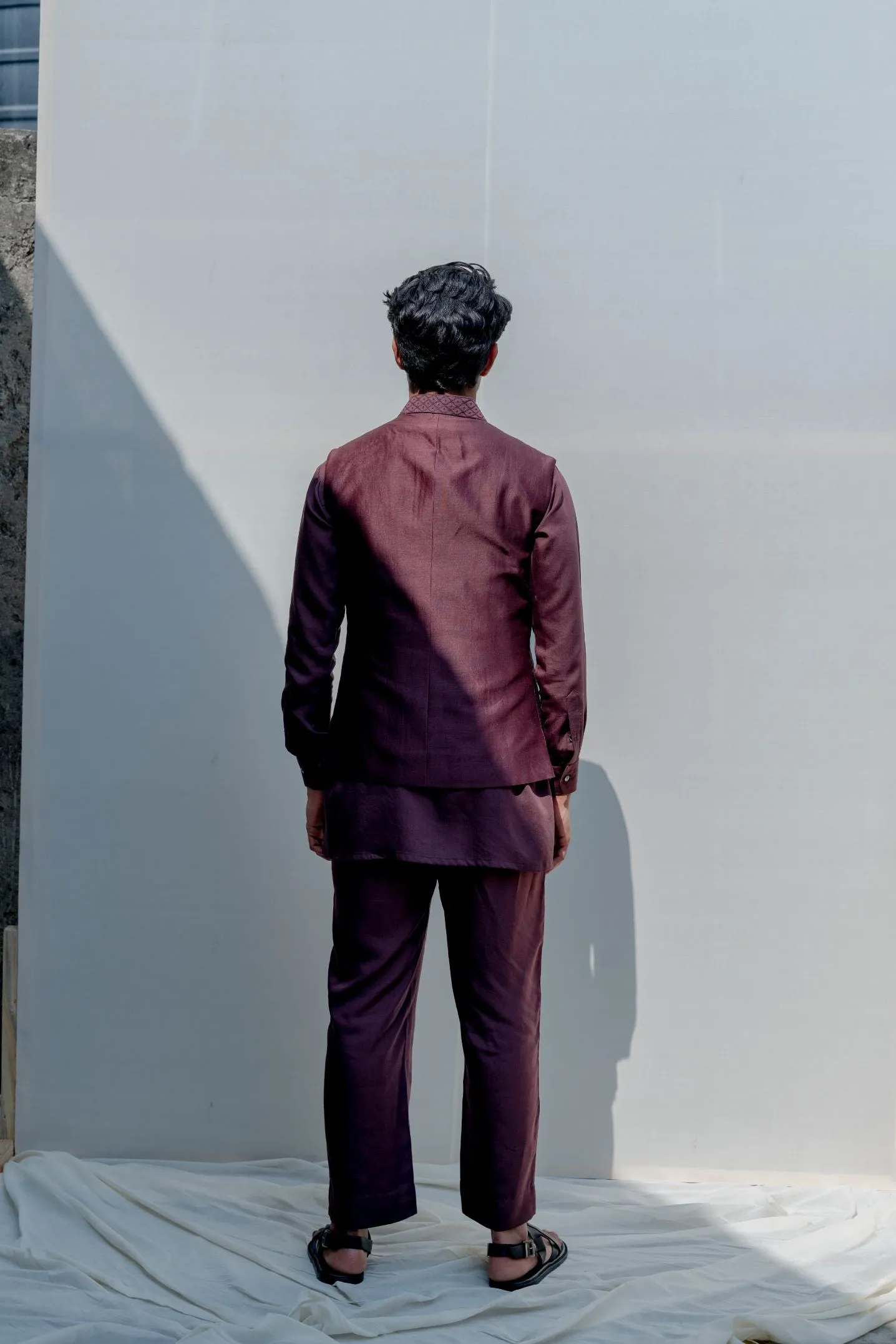 Compendium- Brown Overlapped Embroidered Jacket with Kurta Set