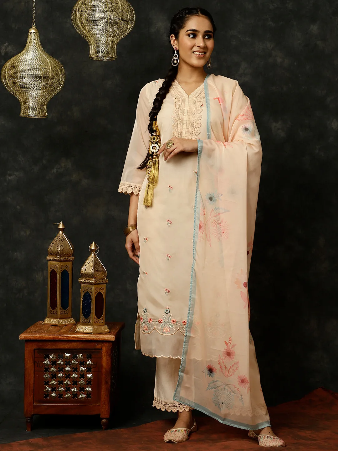 Cream Aari Work Art Silk Kurta With Pants And Dupatta