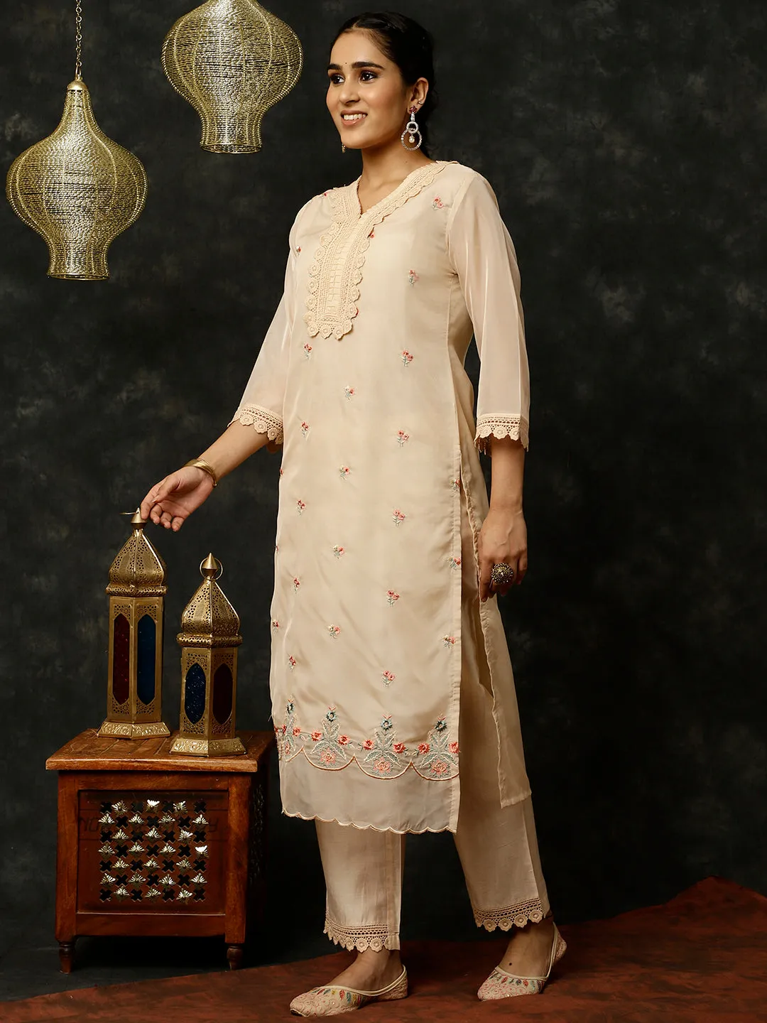 Cream Aari Work Art Silk Kurta With Pants And Dupatta