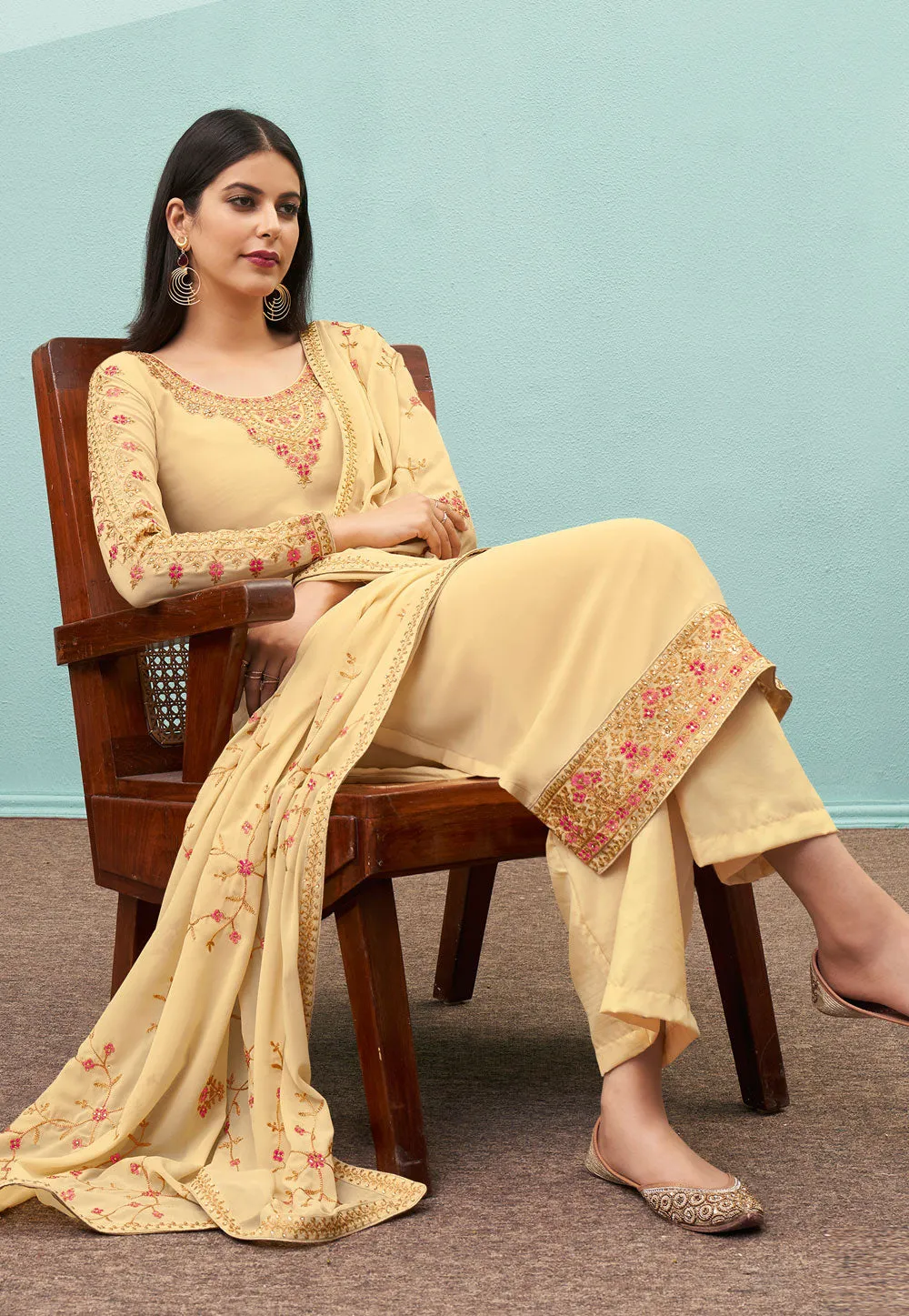 Cream Embroidered Pakistani Pant Suit