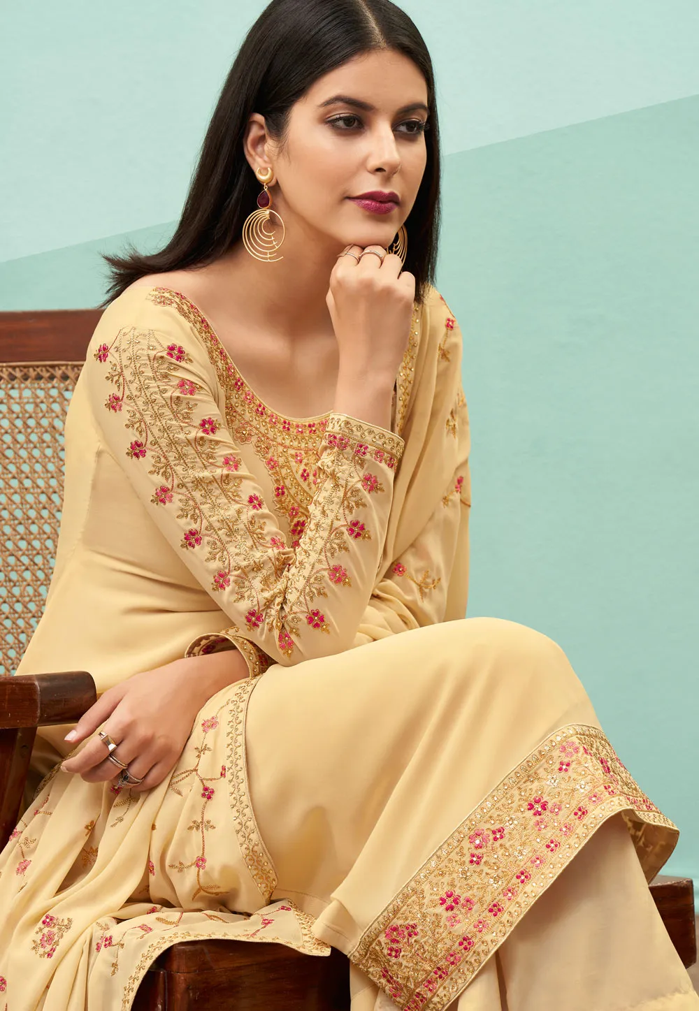 Cream Embroidered Pakistani Pant Suit