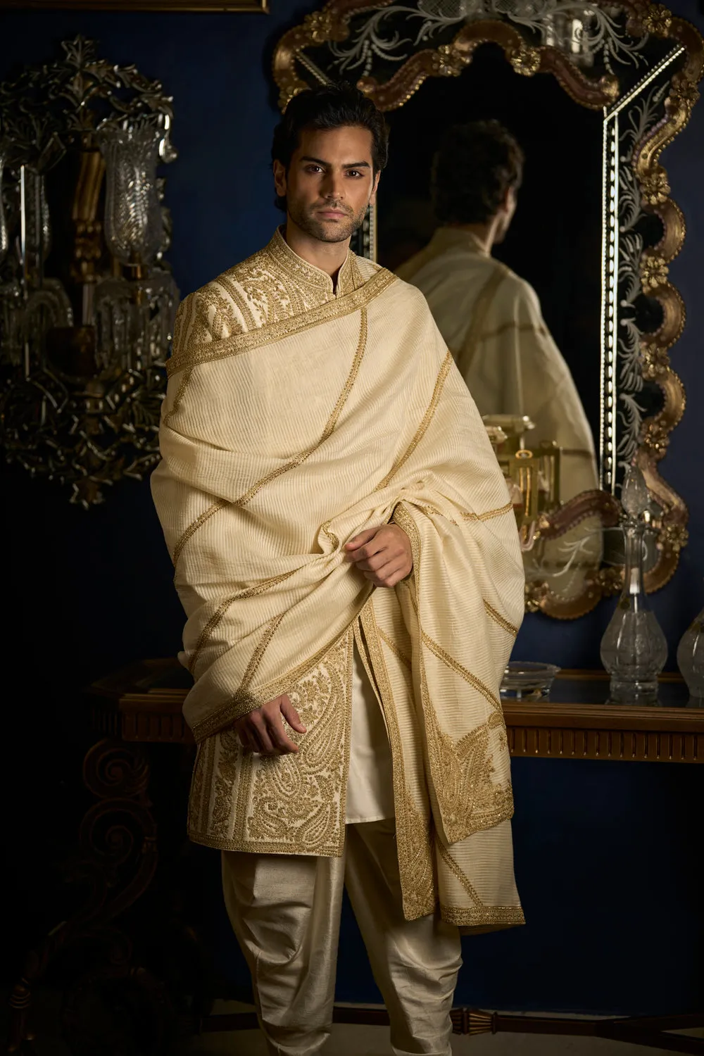 Cream Gold Sherwani Set