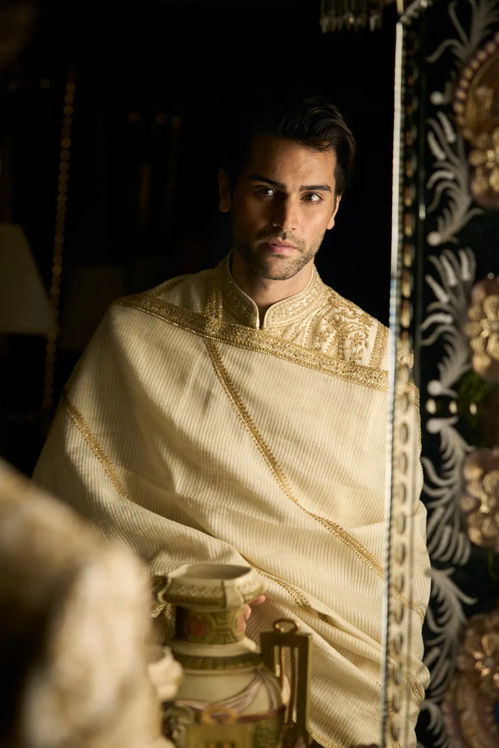 Cream Gold Sherwani Set