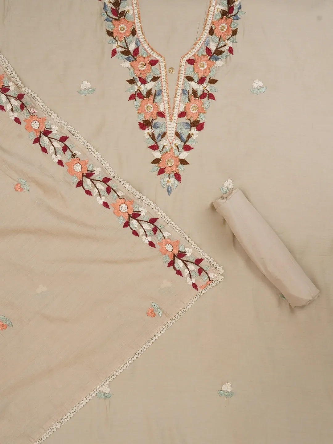 Cream Pure Silk Lucknowi Embroidered Dress Material with Dupatta