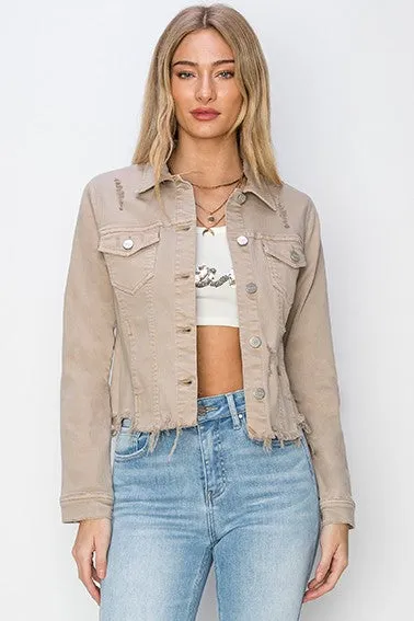 Crop It Out Khaki Raw Hem Cropped Denim Jacket