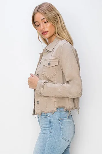Crop It Out Khaki Raw Hem Cropped Denim Jacket