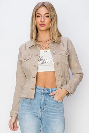 Crop It Out Khaki Raw Hem Cropped Denim Jacket
