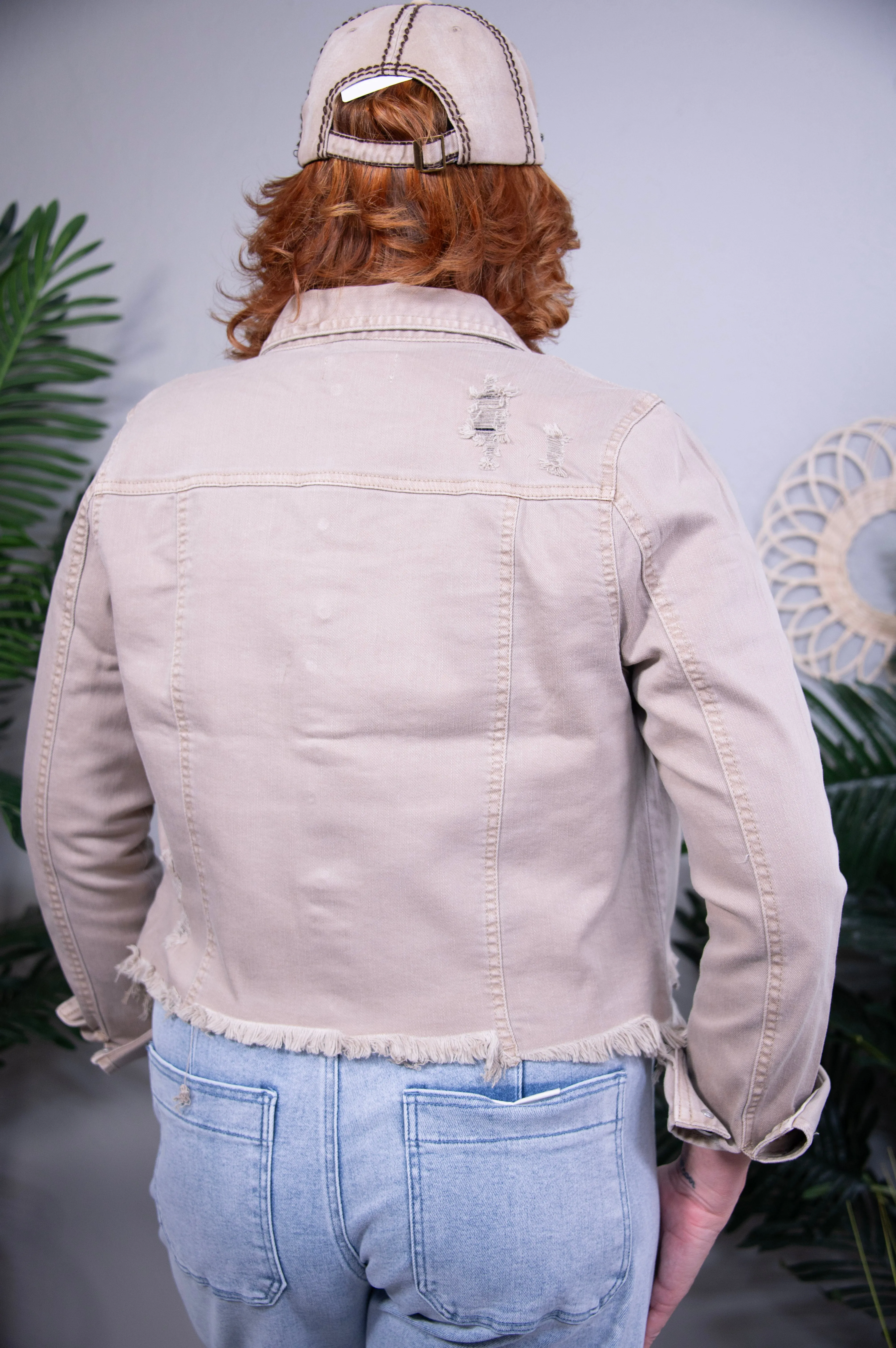 Crop It Out Khaki Raw Hem Cropped Denim Jacket