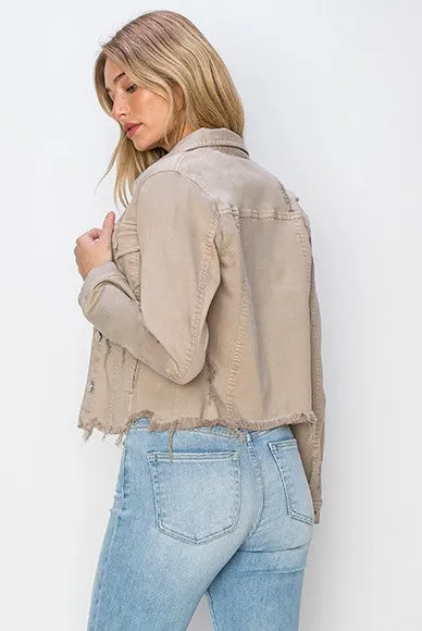 Crop It Out Khaki Raw Hem Cropped Denim Jacket