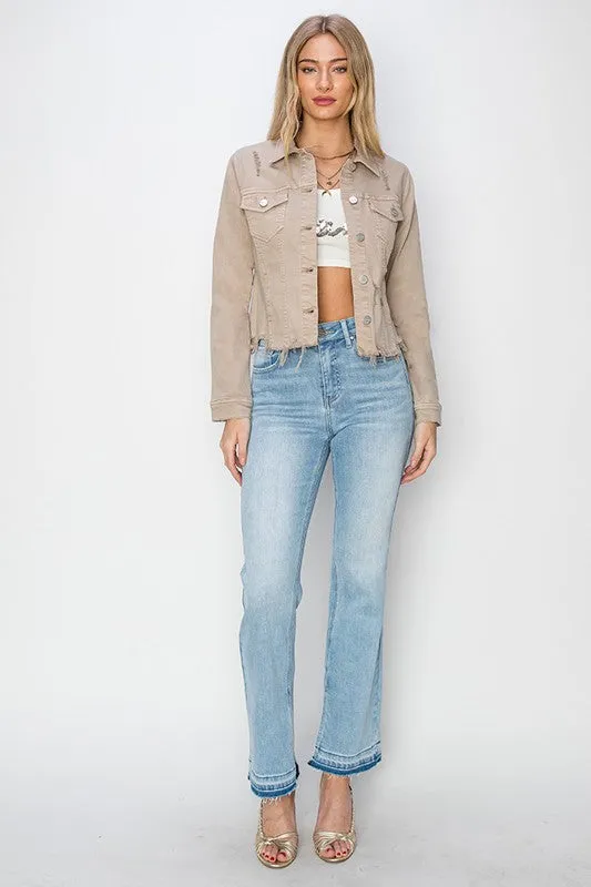Crop It Out Khaki Raw Hem Cropped Denim Jacket