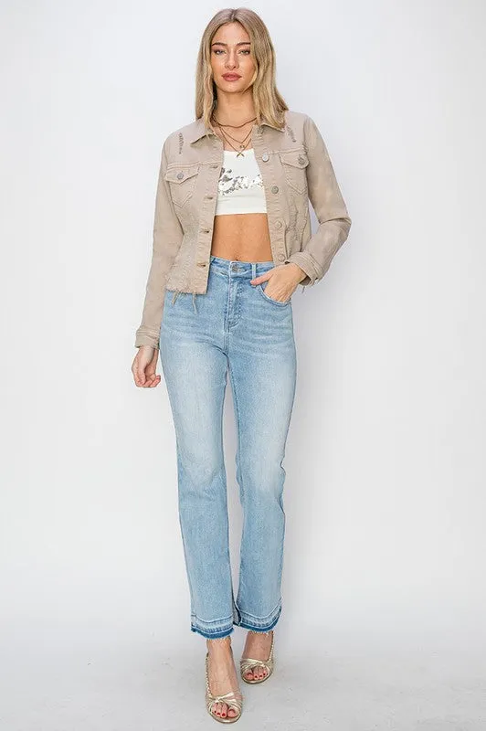 Crop It Out Khaki Raw Hem Cropped Denim Jacket