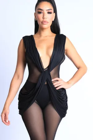 Cue the Curtain Mesh Draped Jumpsuit