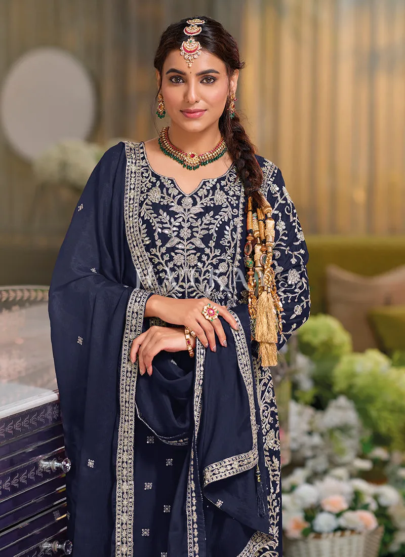 Dark Blue Embroidered Palazzo Suit