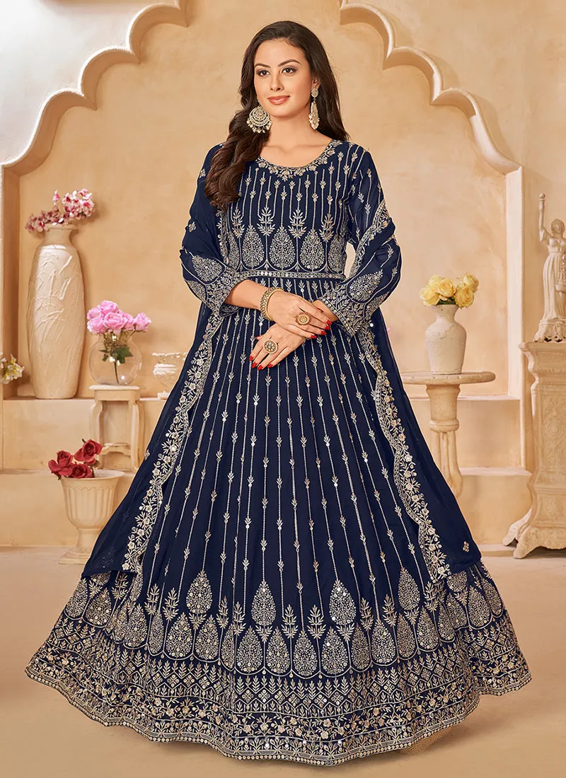 Dark Blue Sequence Embroidery Festive Anarkali Suit