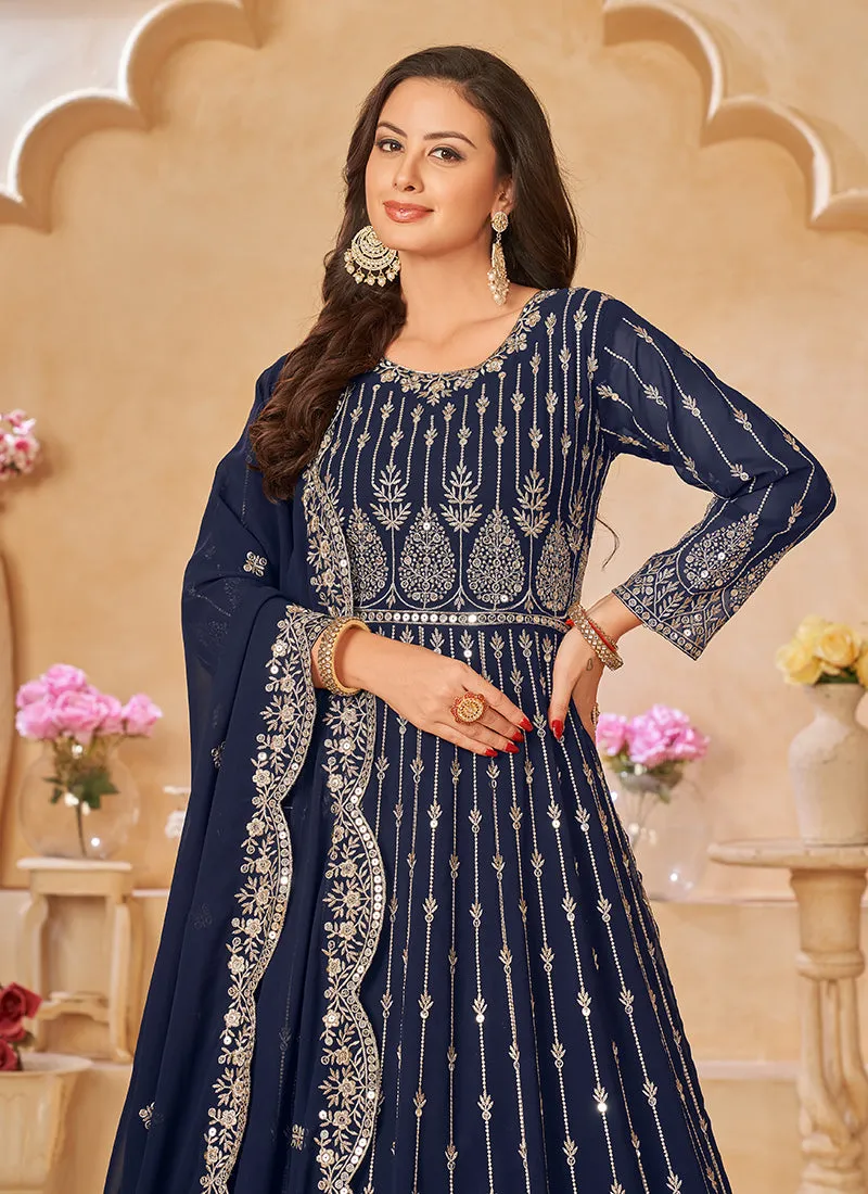 Dark Blue Sequence Embroidery Festive Anarkali Suit