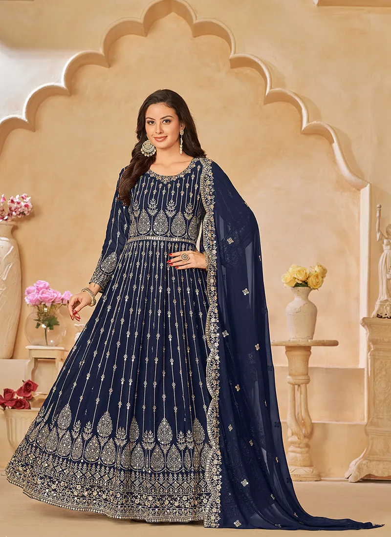 Dark Blue Sequence Embroidery Festive Anarkali Suit