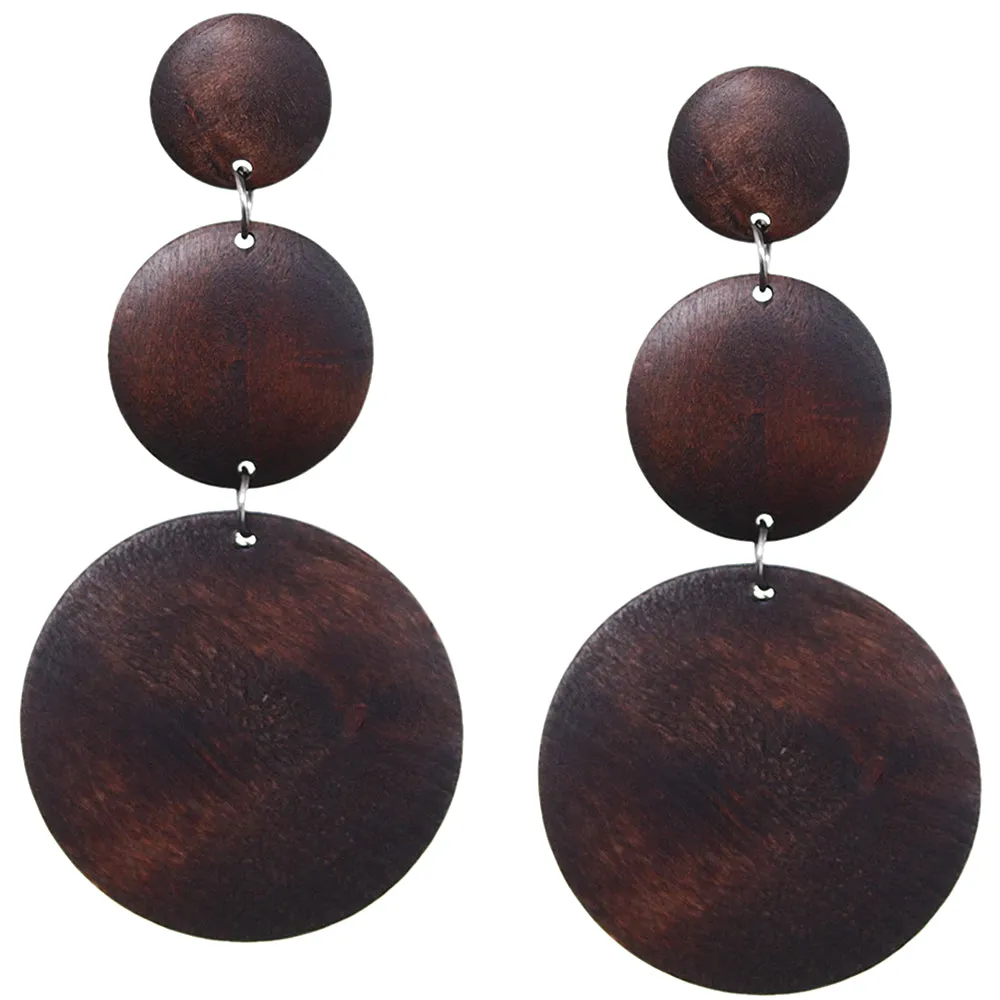 Dark Brown Triple Circular Cascade Wooden Earrings