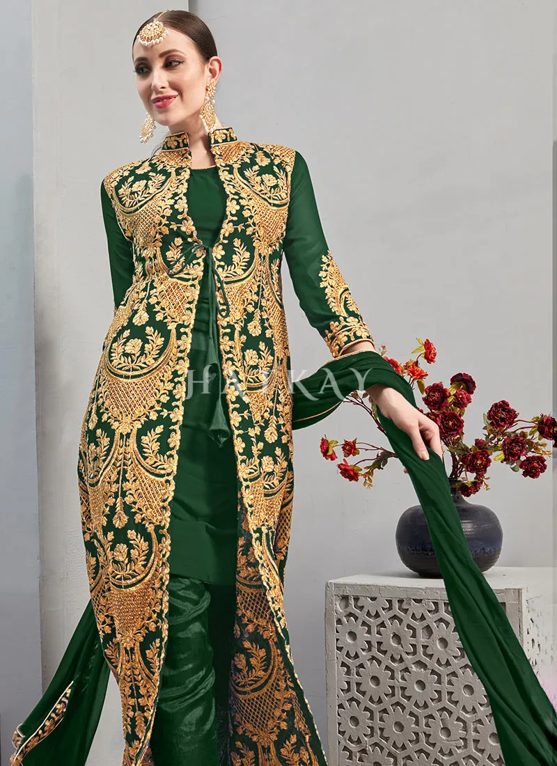 Dark Green Embroidered Jacket Style Pant Suit