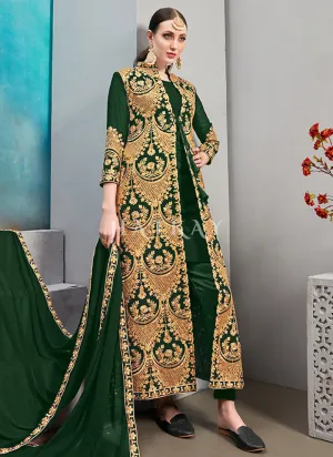 Dark Green Embroidered Jacket Style Pant Suit