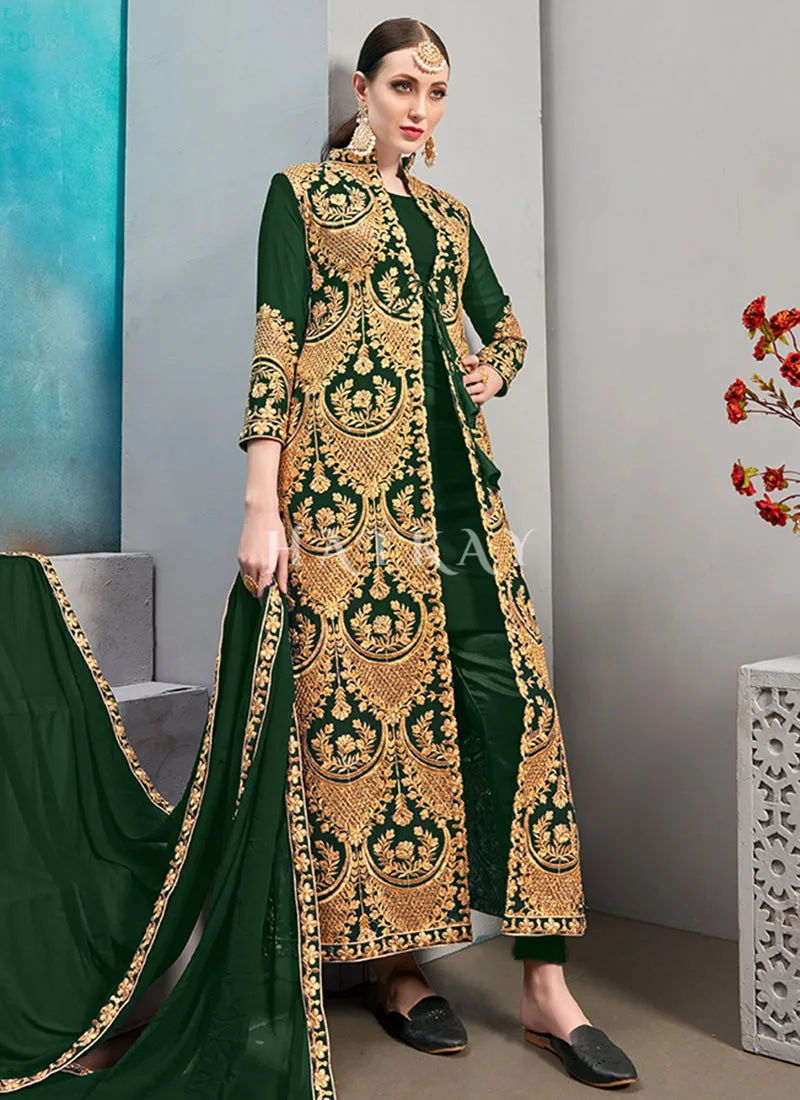 Dark Green Embroidered Jacket Style Pant Suit
