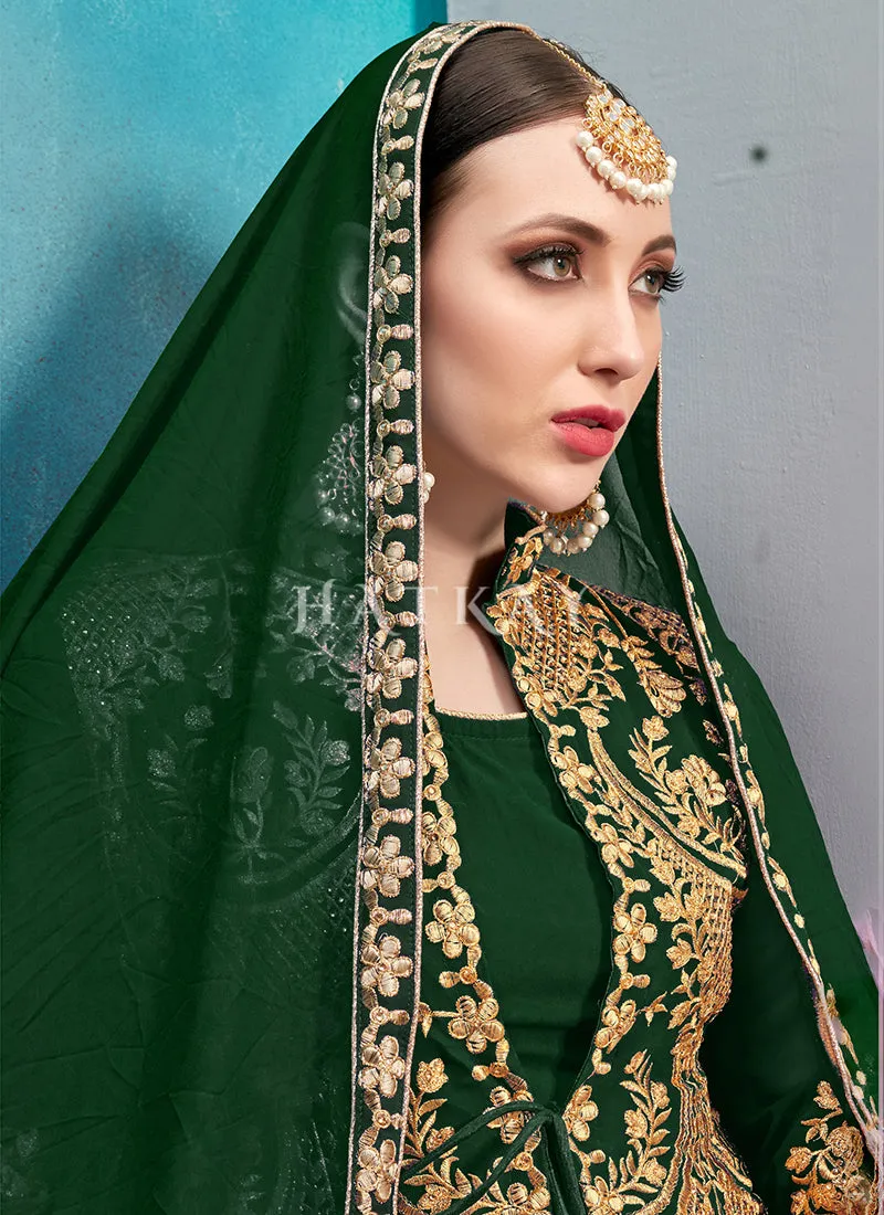 Dark Green Embroidered Jacket Style Pant Suit