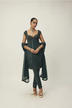 Dark Jade Green Crystal Embellished Kurta Set