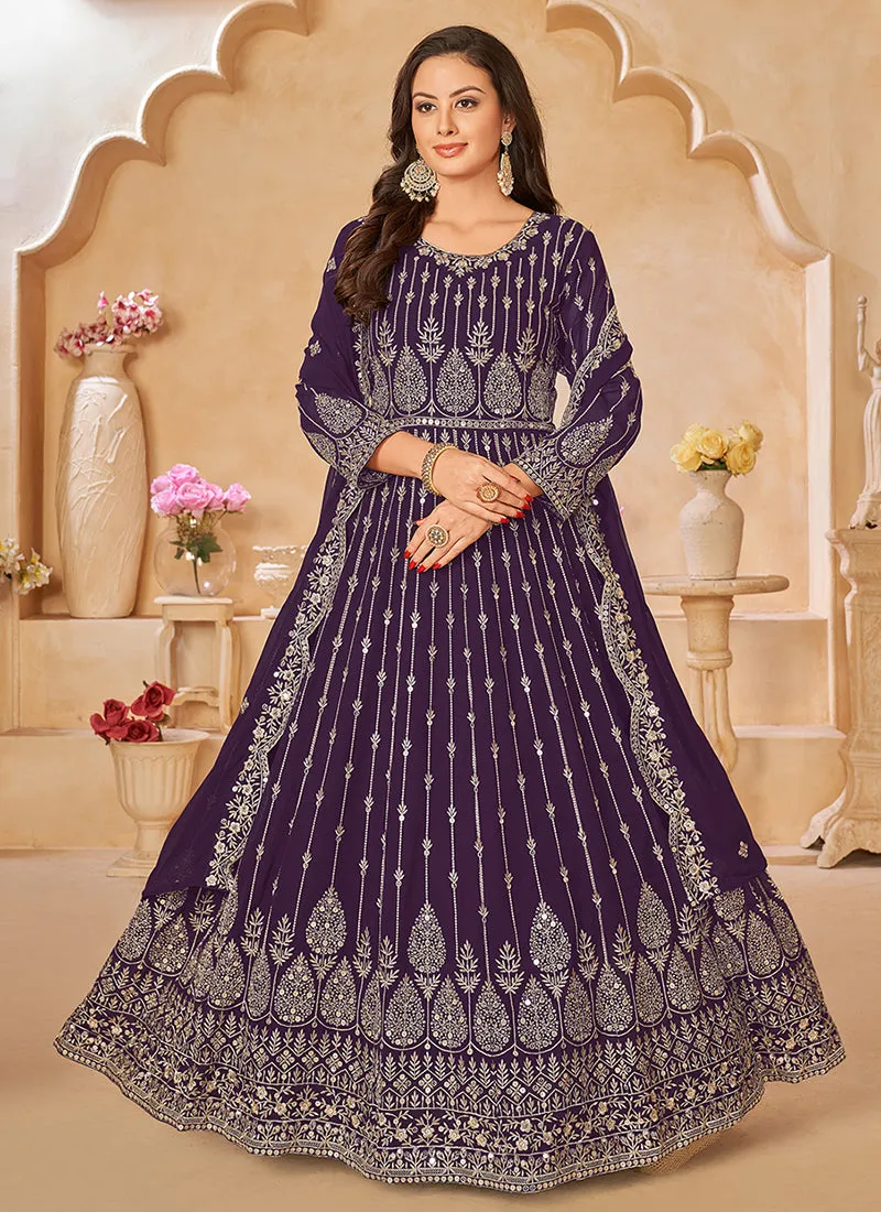 Dark Purple Sequence Embroidery Festive Anarkali Suit