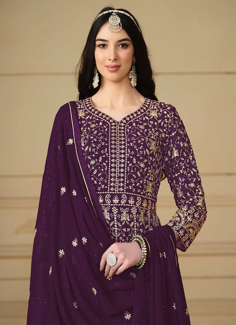 Deep Purple Sequence Embroidery Georgette Anarkali Suit