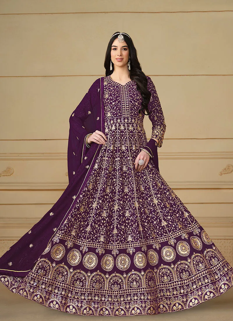 Deep Purple Sequence Embroidery Georgette Anarkali Suit