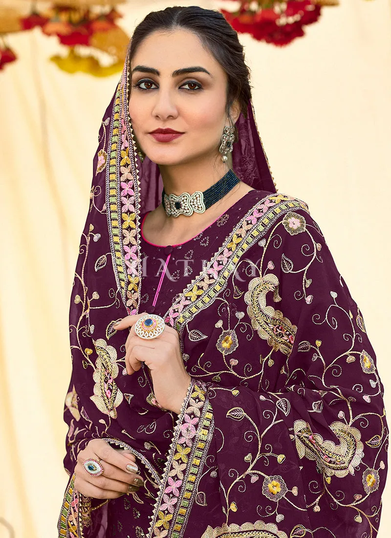 Deep Wine Multi Embroidery Traditional Pant Suit