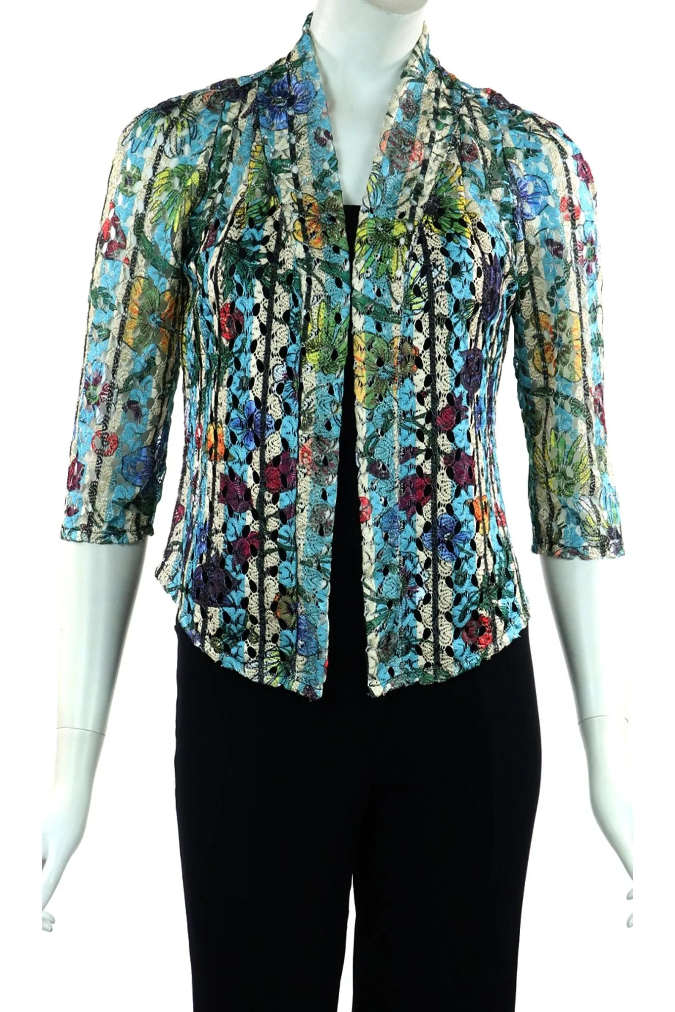 DELPHINE Floral Eylet Lace 3/4 Sleeve Sheer Bolero Jacket